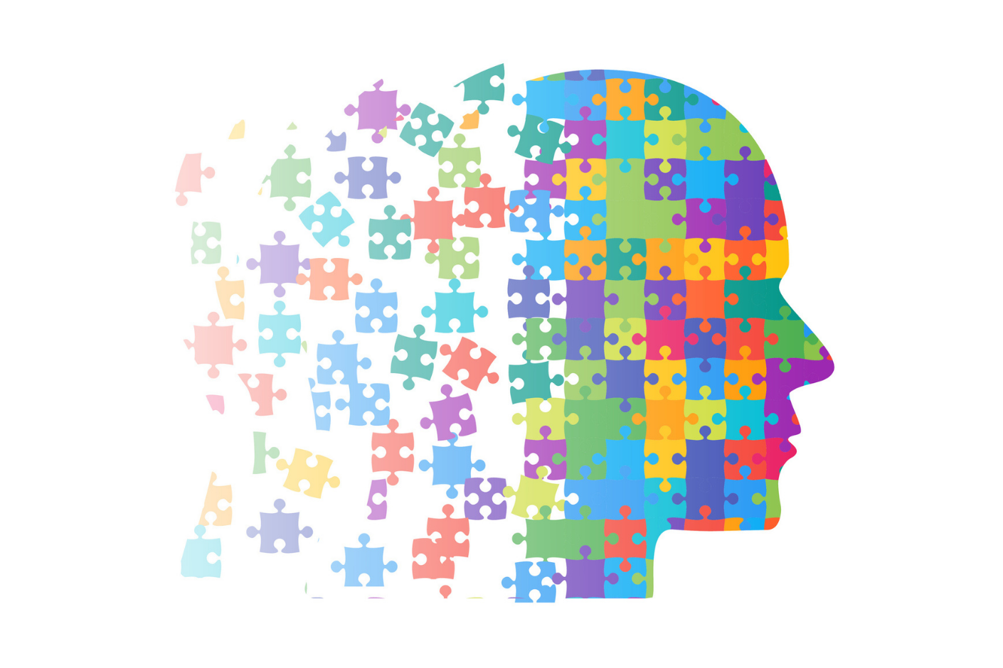 Silhouette of a person's head made up of multi-colored puzzle pieces, with some disconnecting and drifting off behind the head.